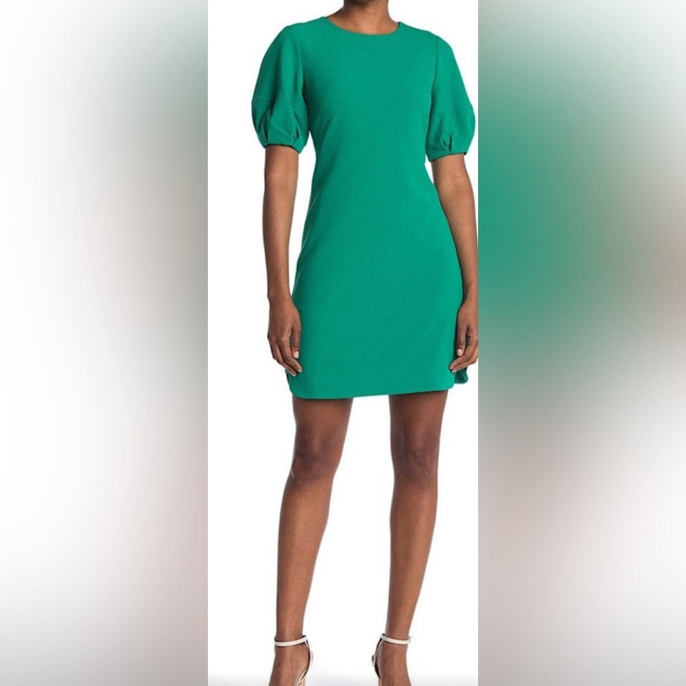 NWT Vince Camuto Puff Sleeve Jewel Neck Crepe Kelly Green Mini Dress, Sz 4